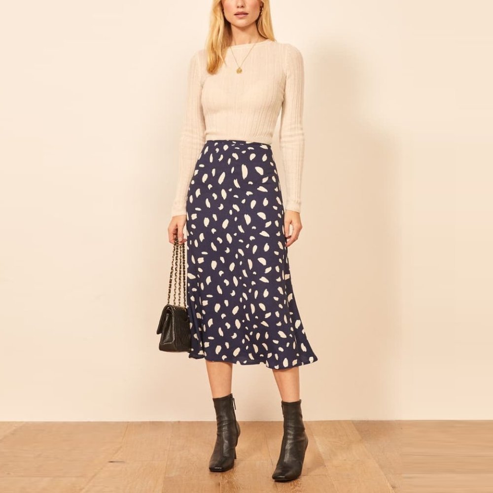 Reformation Bea Skirt in Navy Splatter